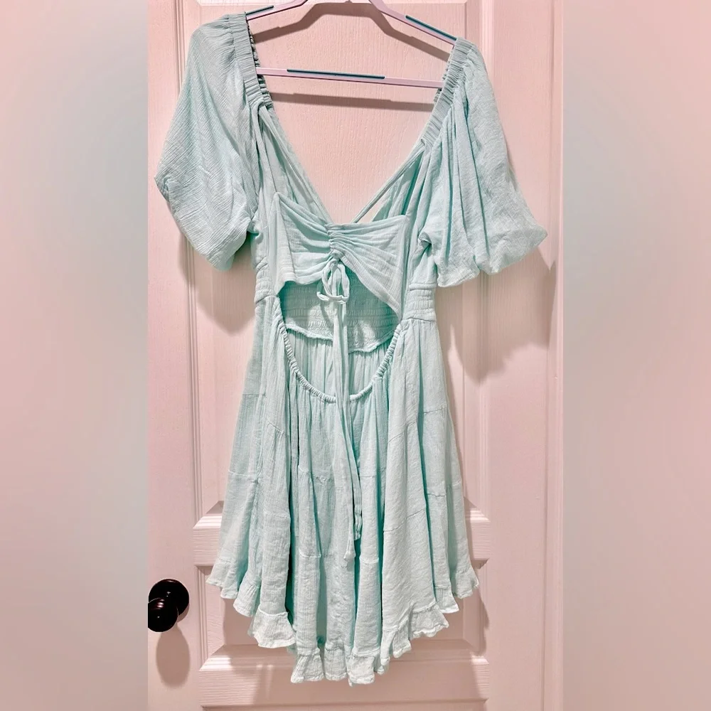 FREE PEOPLE Perfect Day Balloon Sleeve A-line Mini Dress w Lace Up Tie Back